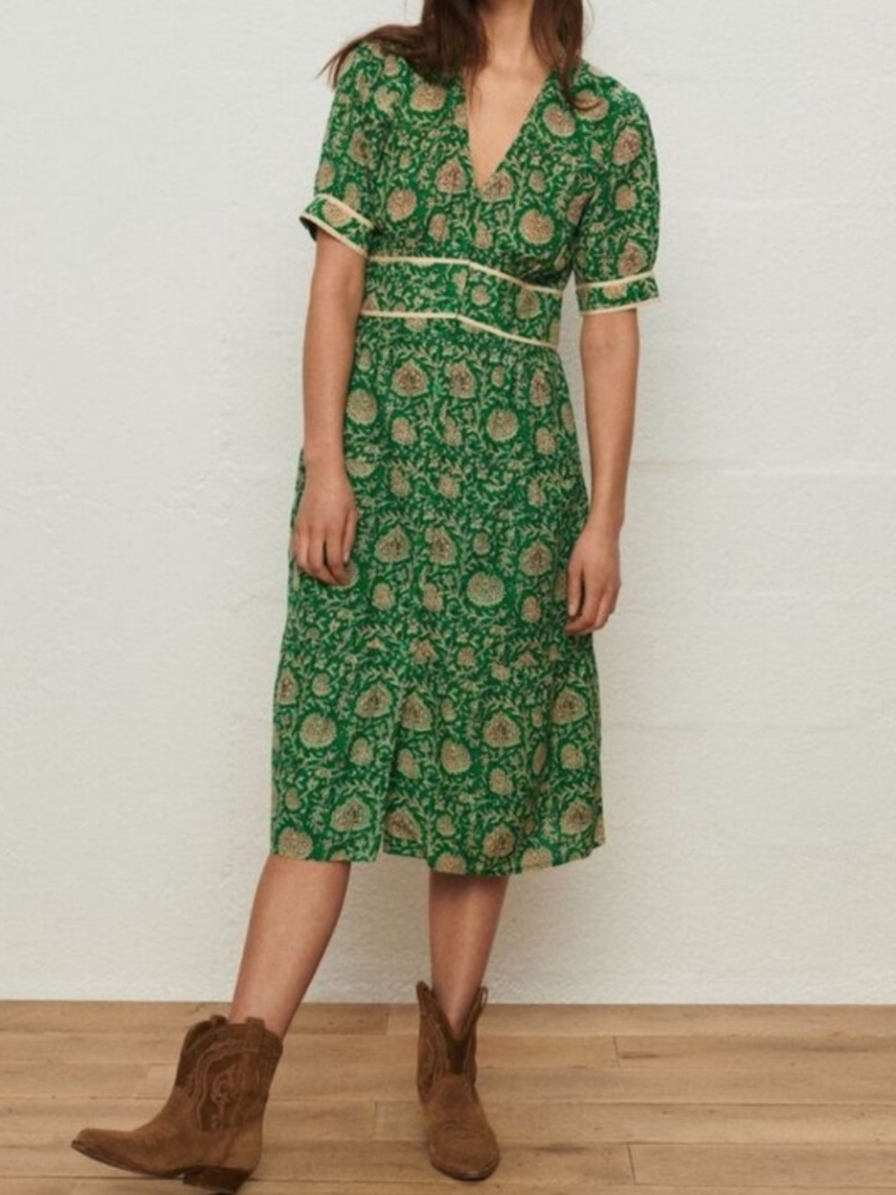 ba&sh Plume Print Midi Lady Dress in Green and Tan Sz Small US 4